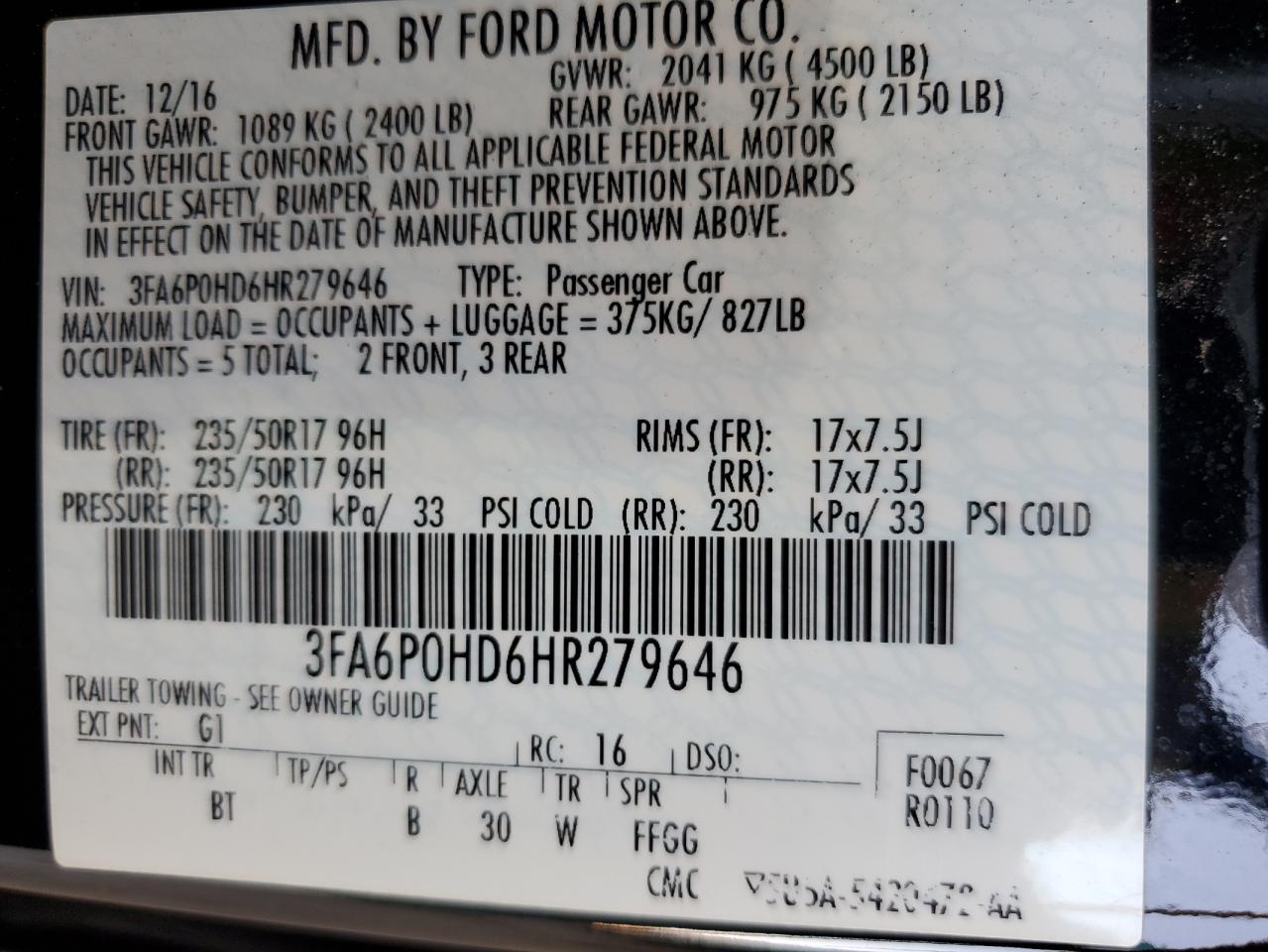 3FA6P0HD6HR279646 2017 FORD FUSION - Image 12