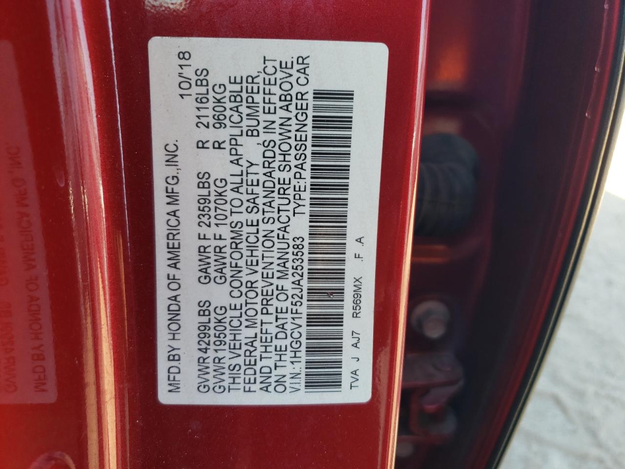 1HGCV1F52JA253583 2018 Honda Accord Exl