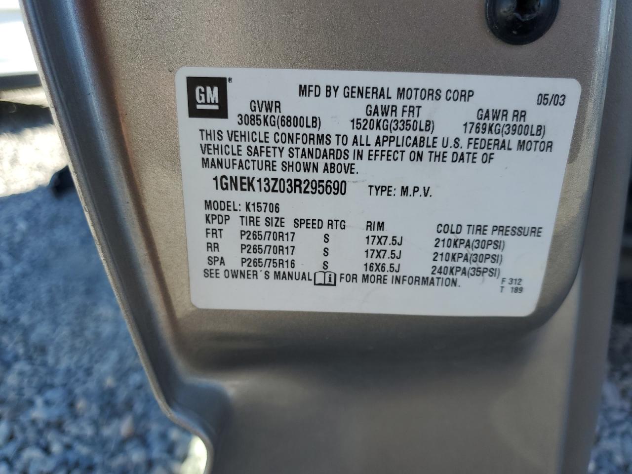 2003 Chevrolet Tahoe K1500 VIN: 1GNEK13Z03R295690 Lot: 77424844