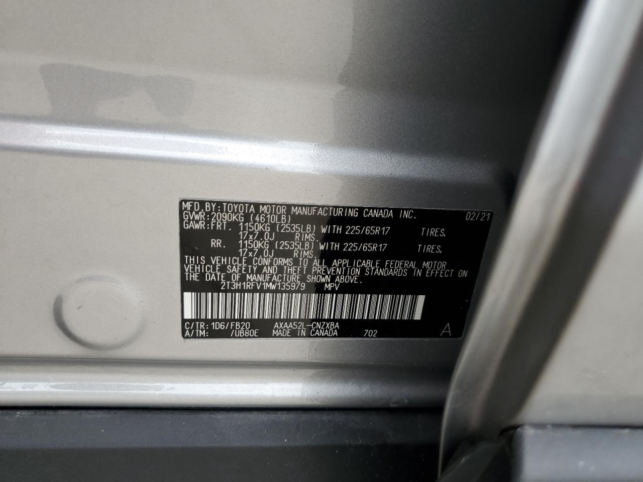 2021 Toyota Rav4 Le VIN: 2T3H1RFV1MW135979 Lot: 76453554