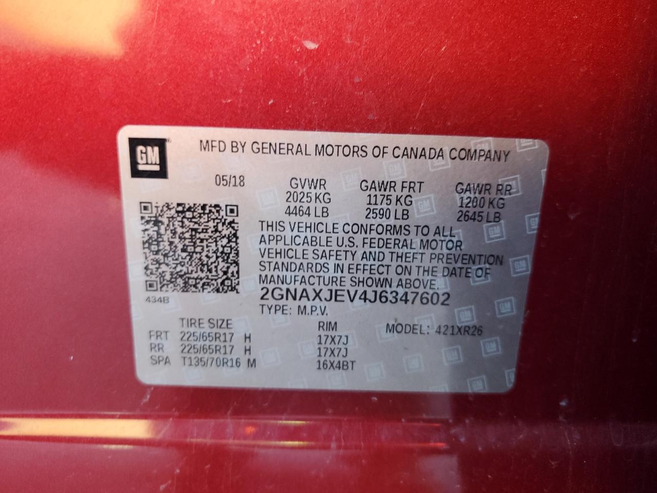 2GNAXJEV4J6347602 2018 Chevrolet Equinox Lt