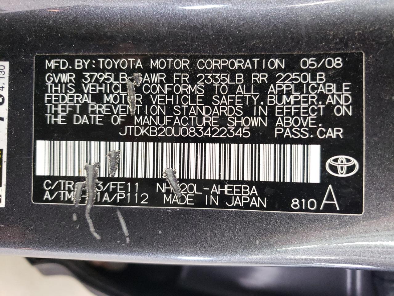 JTDKB20U083422345 2008 Toyota Prius