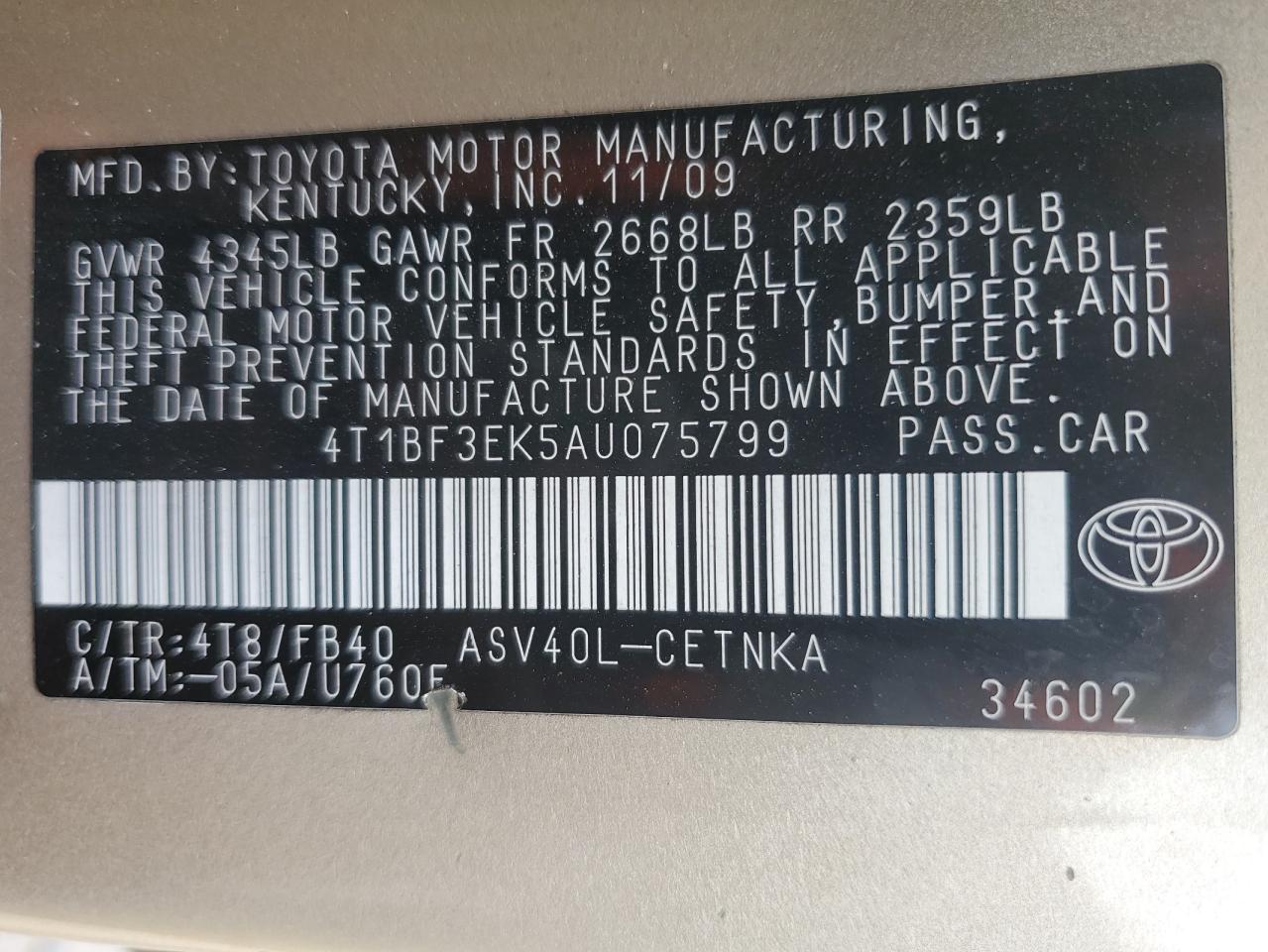 4T1BF3EK5AU075799 2010 Toyota Camry Base