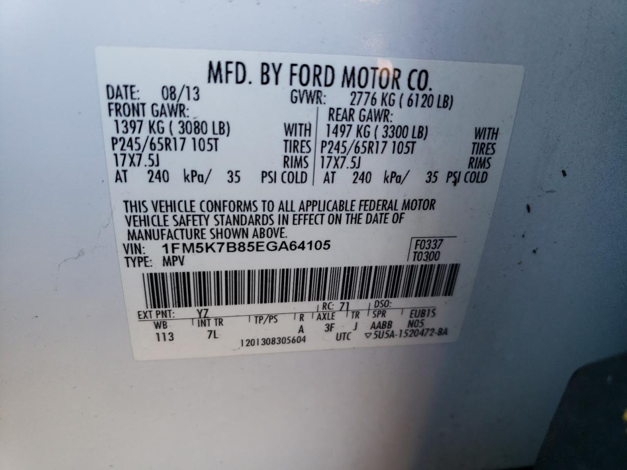 2014 Ford Explorer VIN: 1FM5K7B85EGA64105 Lot: 75135284