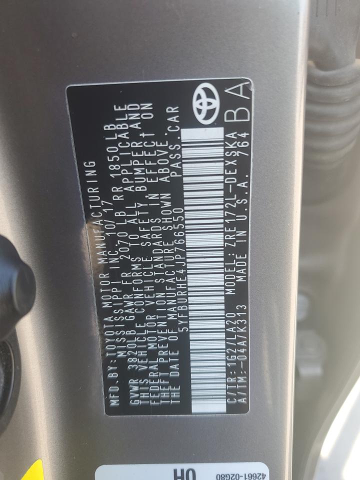 2018 Toyota Corolla L VIN: 5YFBURHE4JP766550 Lot: 77455674