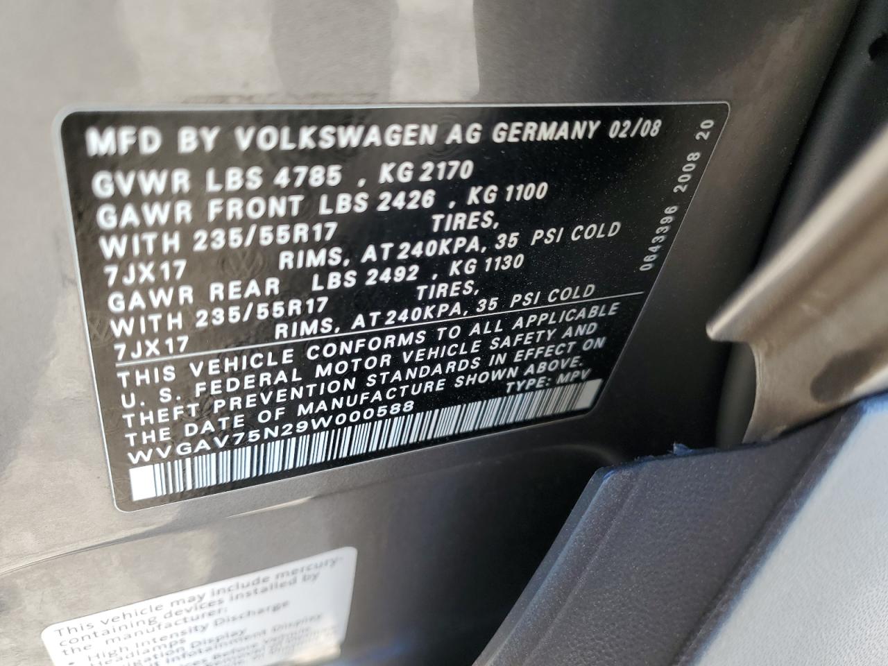 WVGAV75N29W000588 2009 Volkswagen Tiguan S