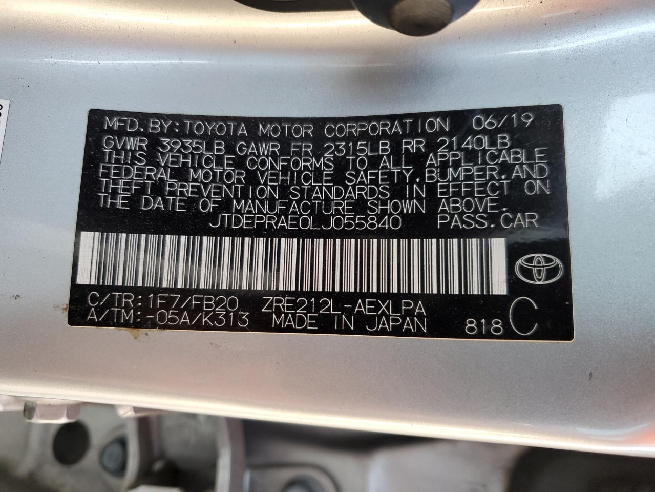 JTDEPRAE0LJ055840 2020 Toyota Corolla Le