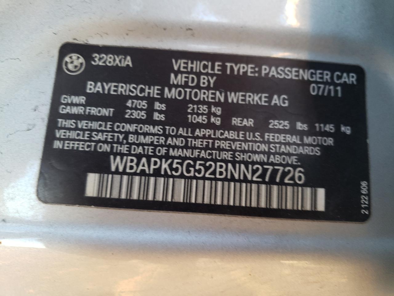 WBAPK5G52BNN27726 2011 BMW 328 Xi Sulev