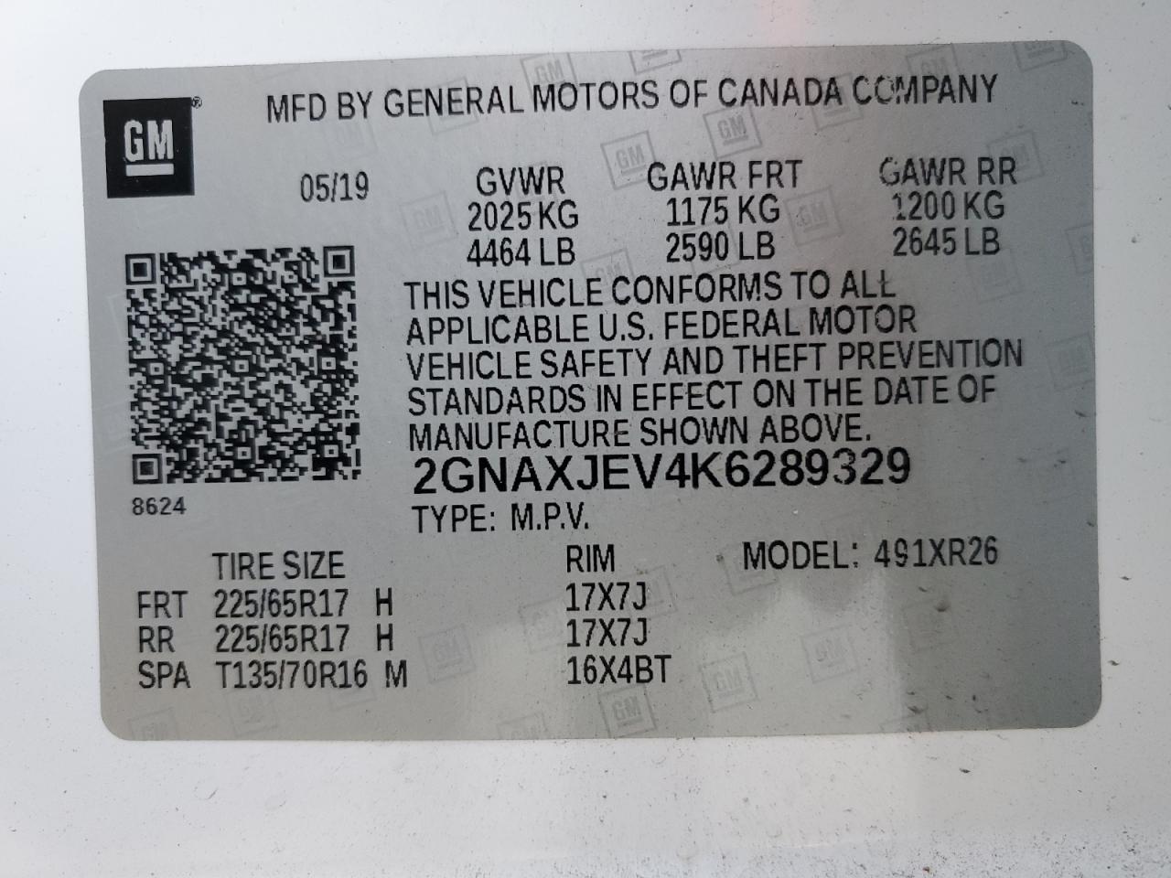 2GNAXJEV4K6289329 2019 Chevrolet Equinox Lt