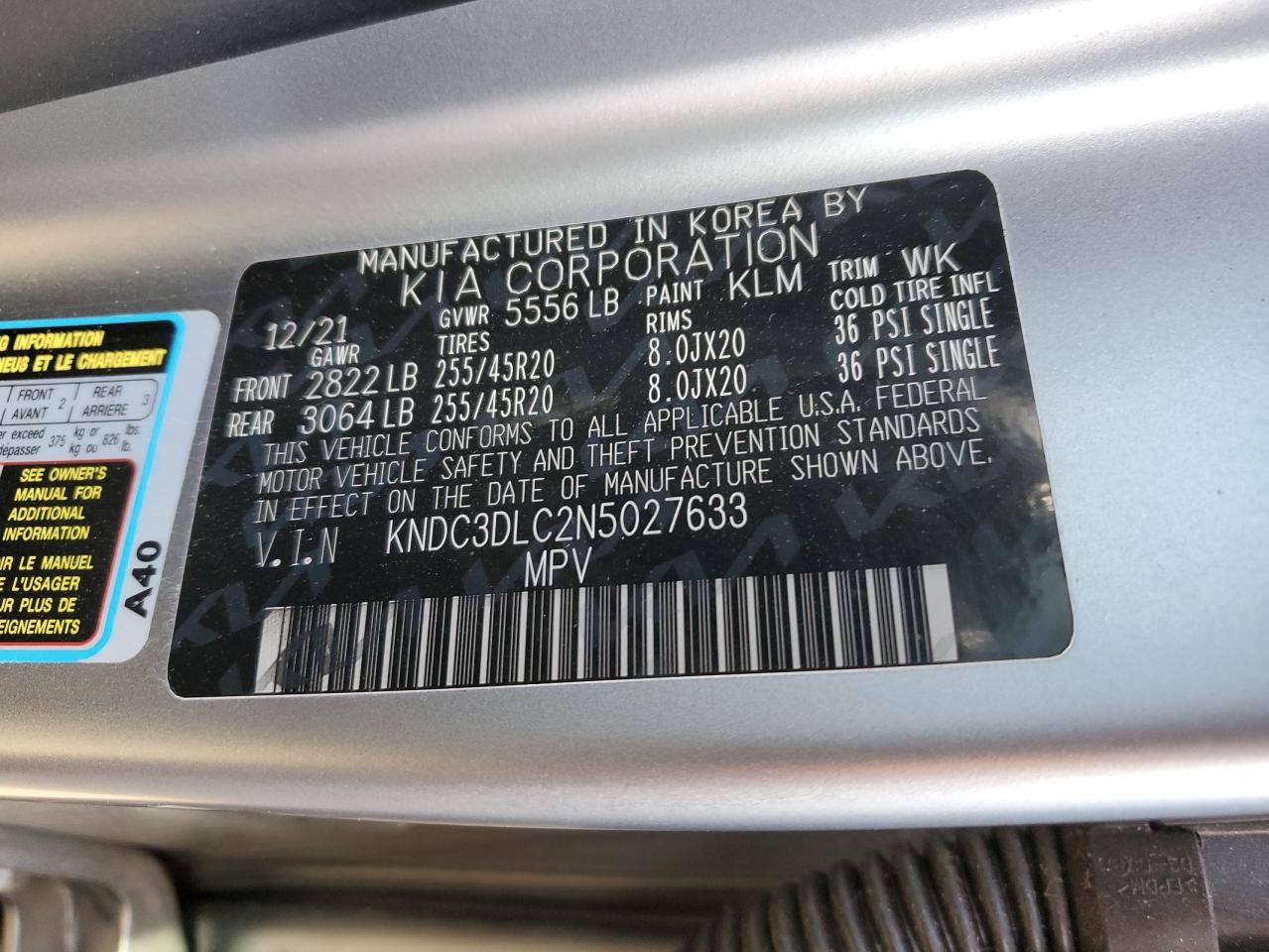 KNDC3DLC2N5027633 2022 Kia Ev6 Light