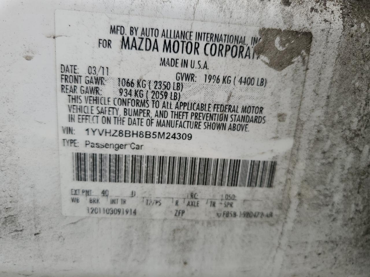 1YVHZ8BH8B5M24309 2011 Mazda 6 I