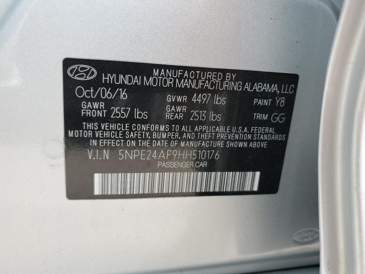 2017 Hyundai Sonata Se VIN: 5NPE24AF9HH510176 Lot: 76744264