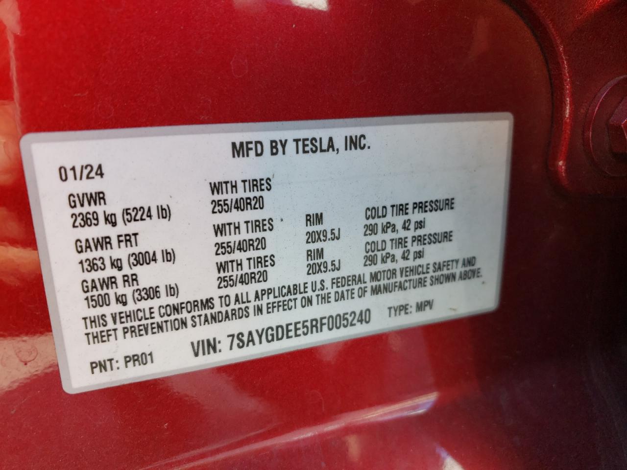 2024 Tesla Model Y VIN: 7SAYGDEE5RF005240 Lot: 77623714