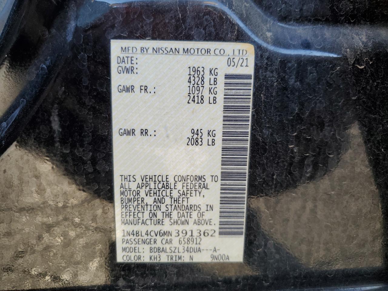 1N4BL4CV6MN391362 2021 Nissan Altima Sr