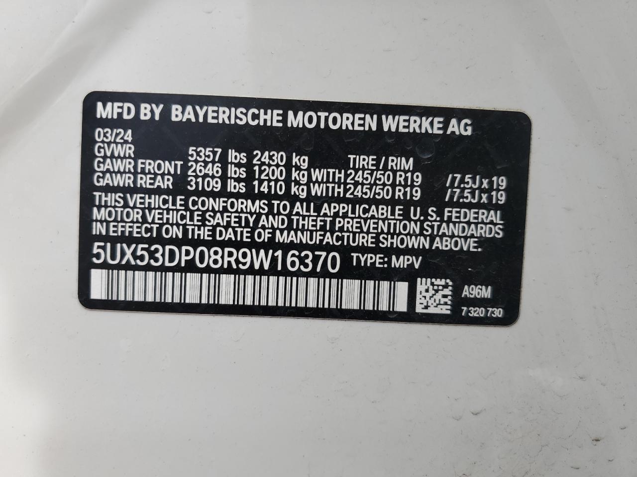 2024 BMW X3 xDrive30I VIN: 5UX53DP08R9W16370 Lot: 73921304