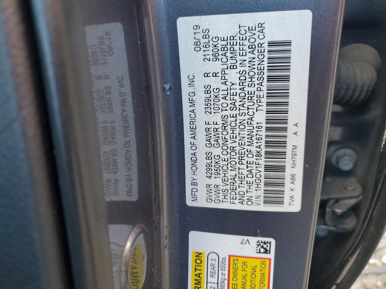 1HGCV1F18KA167161 2019 Honda Accord Lx