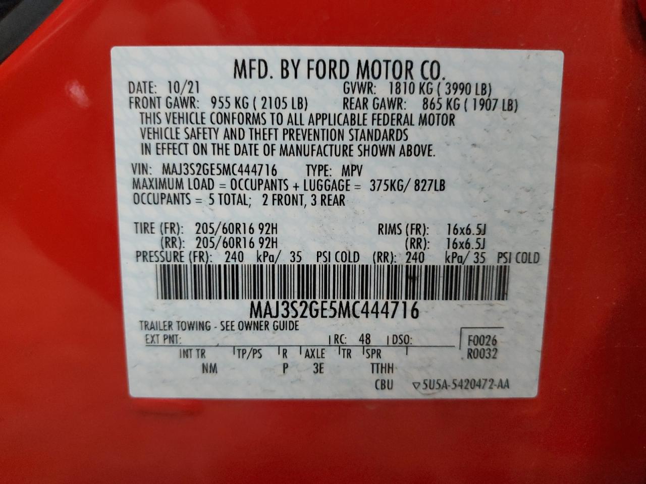 2021 Ford Ecosport Se VIN: MAJ3S2GE5MC444716 Lot: 78392954