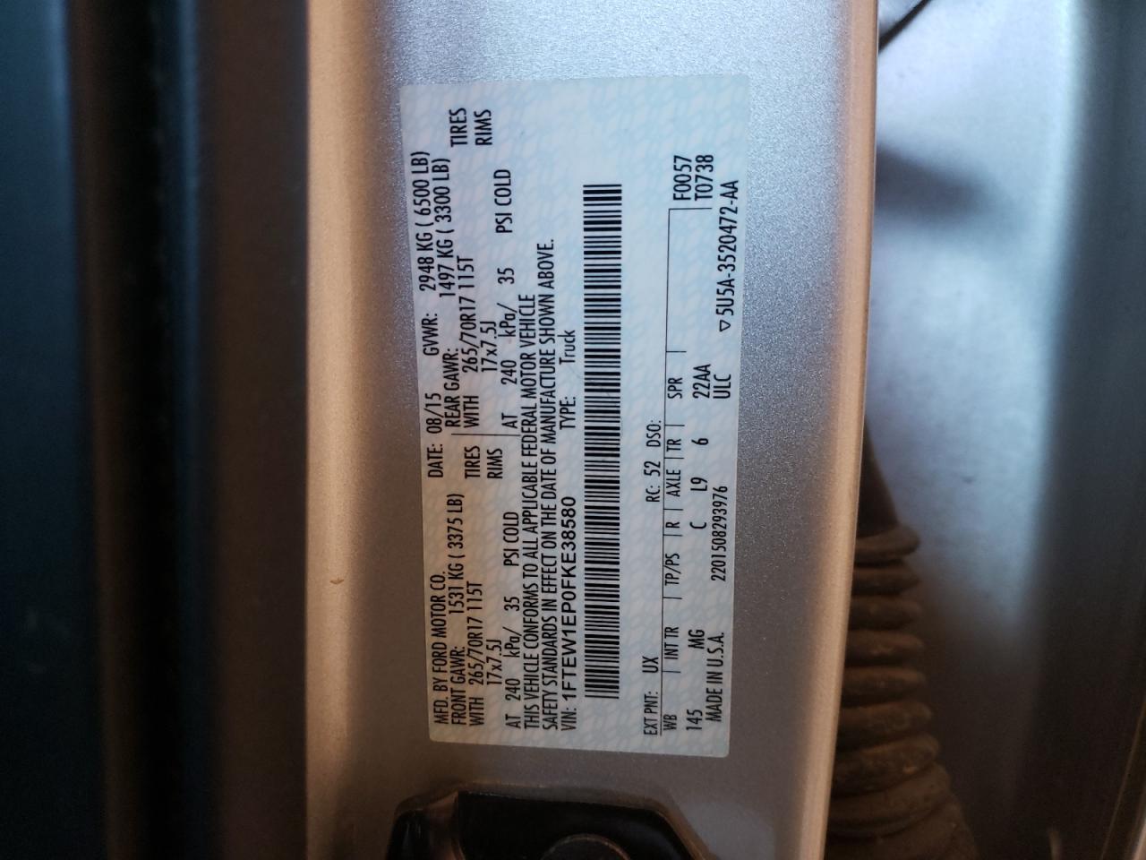 2015 Ford F150 Supercrew VIN: 1FTEW1EP0FKE38580 Lot: 78538324