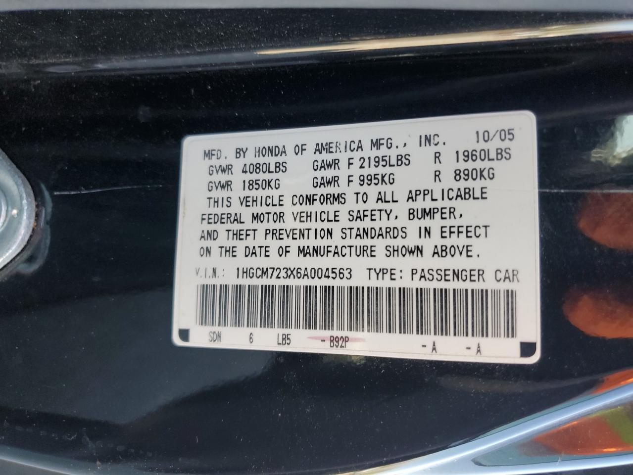 1HGCM723X6A004563 2006 Honda Accord Lx