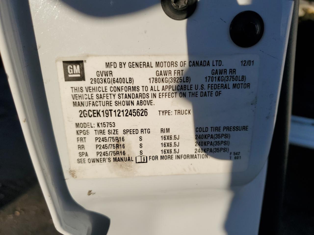 2002 Chevrolet Silverado K1500 VIN: 2GCEK19T121245626 Lot: 76496214