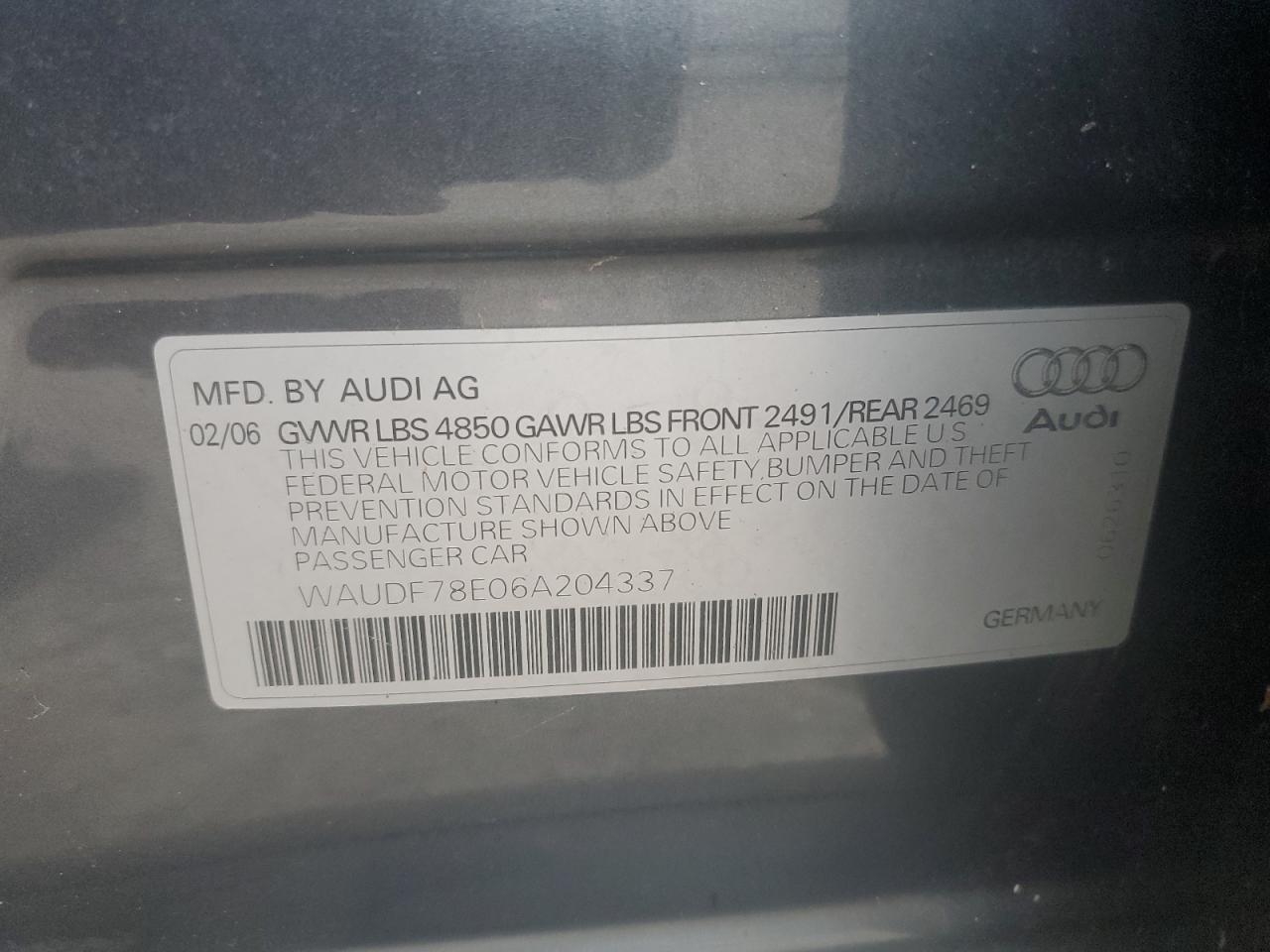 2006 Audi A4 2.0T Quattro VIN: WAUDF78E06A204337 Lot: 74012794