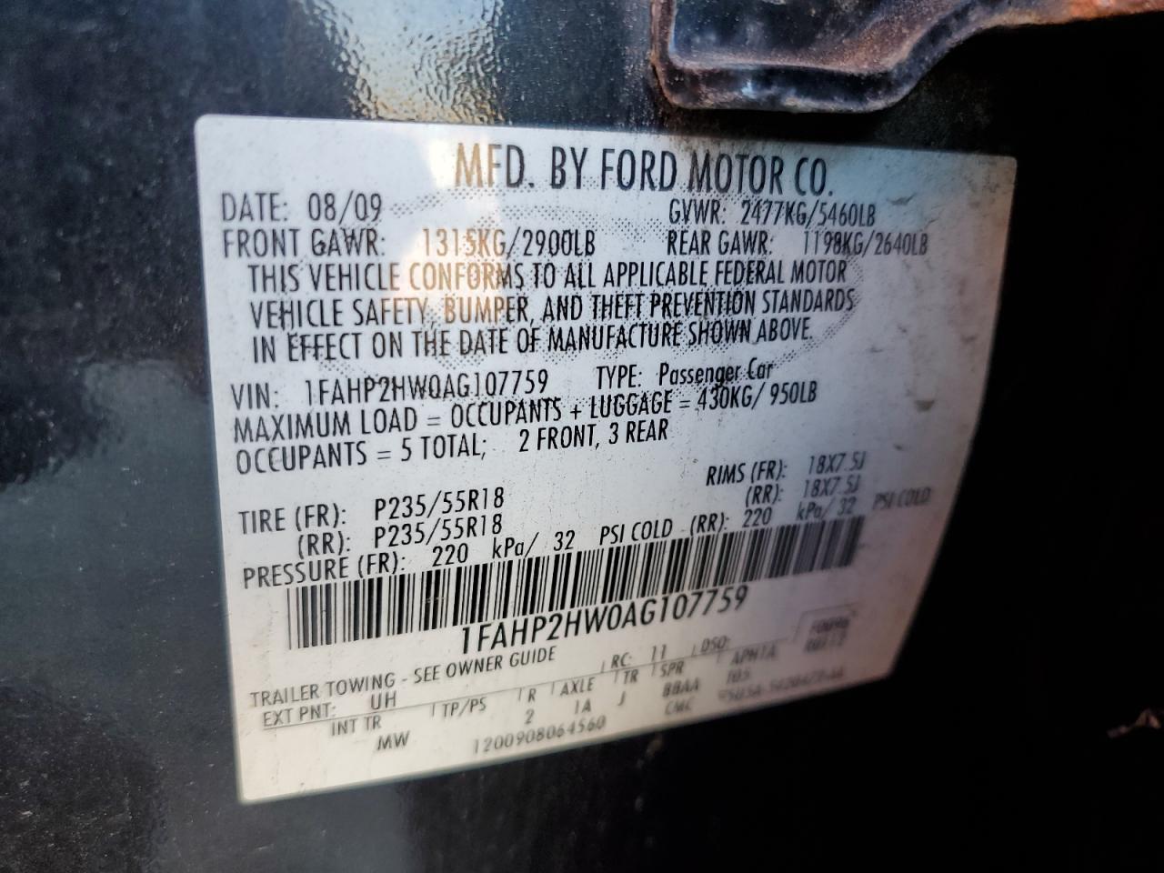 2010 Ford Taurus Sel VIN: 1FAHP2HW0AG107759 Lot: 77308164