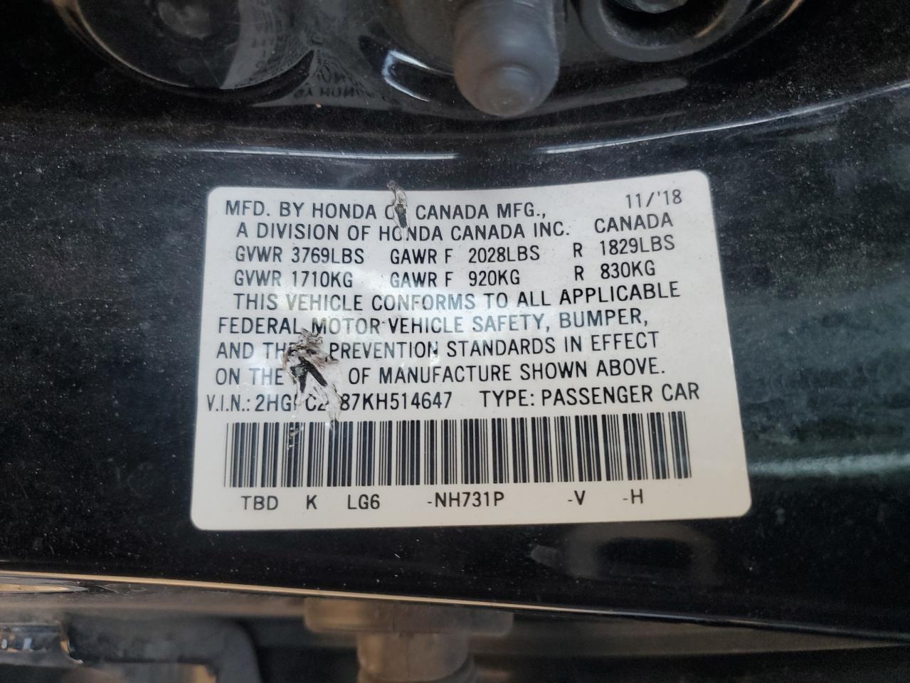 2HGFC2F87KH514647 2019 Honda Civic Sport