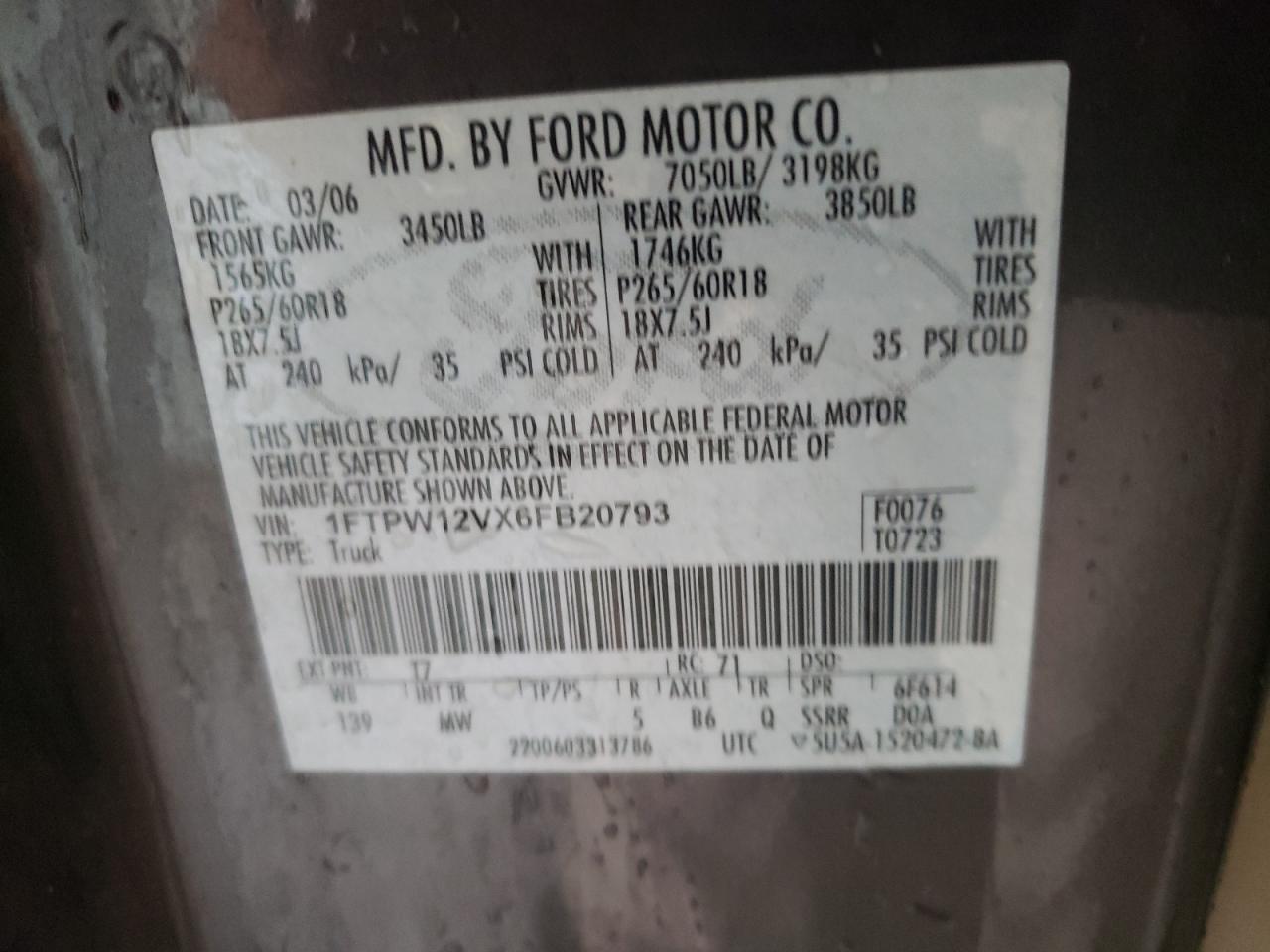 2006 Ford F150 Supercrew VIN: 1FTPW12VX6FB20793 Lot: 76985884