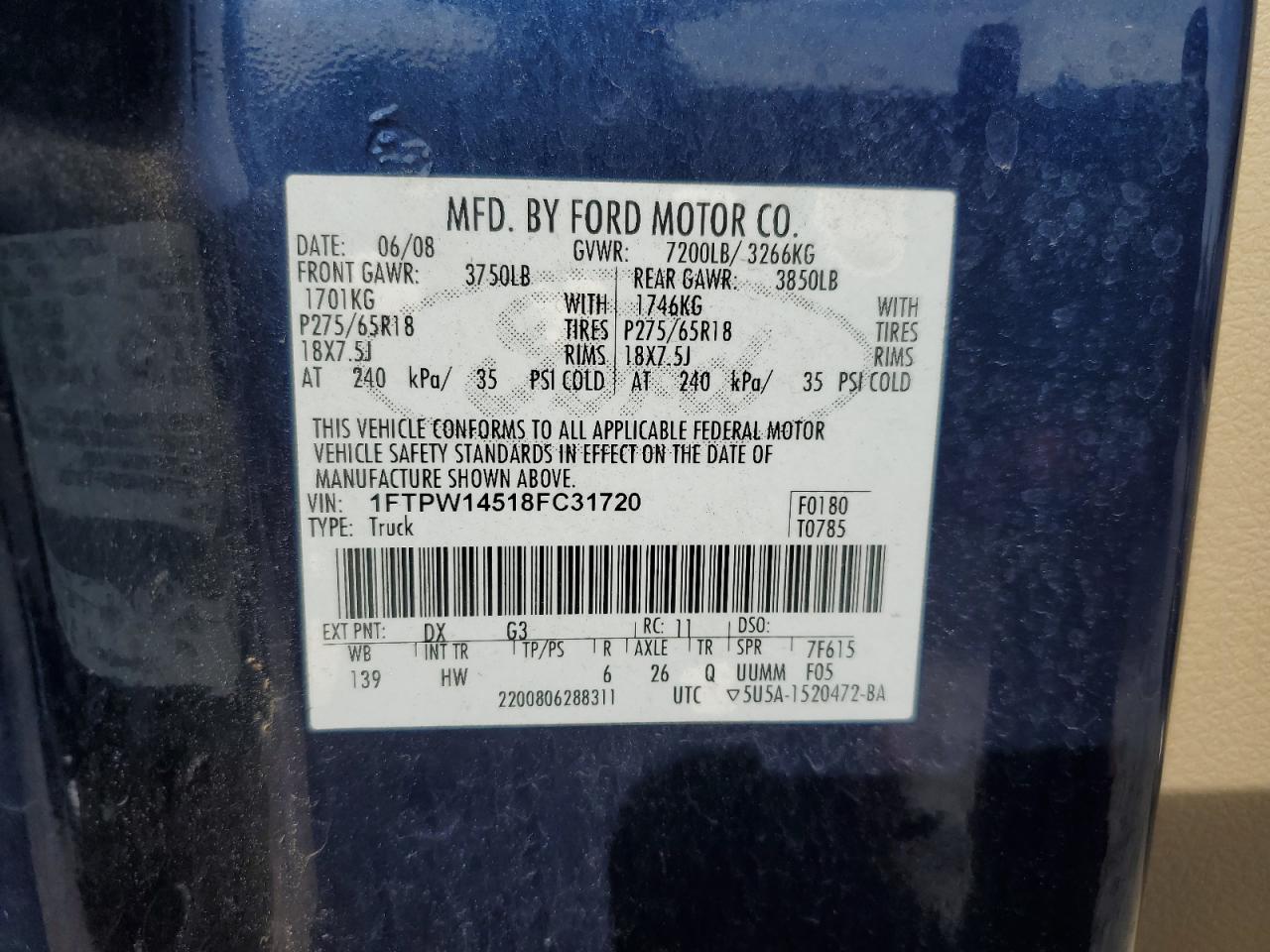 1FTPW14518FC31720 2008 Ford F150 Supercrew