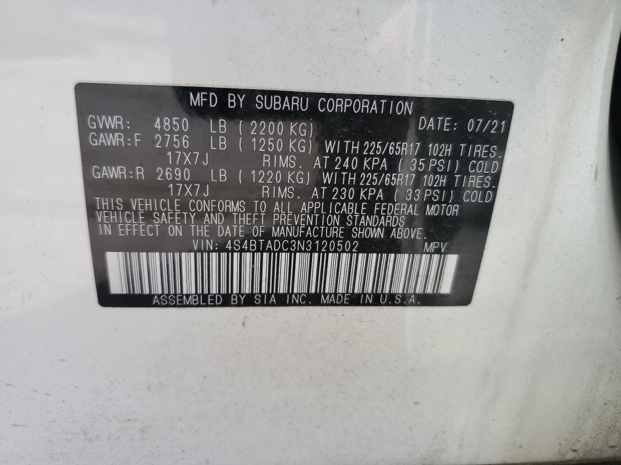 2022 Subaru Outback Premium VIN: 4S4BTADC3N3120502 Lot: 75946614