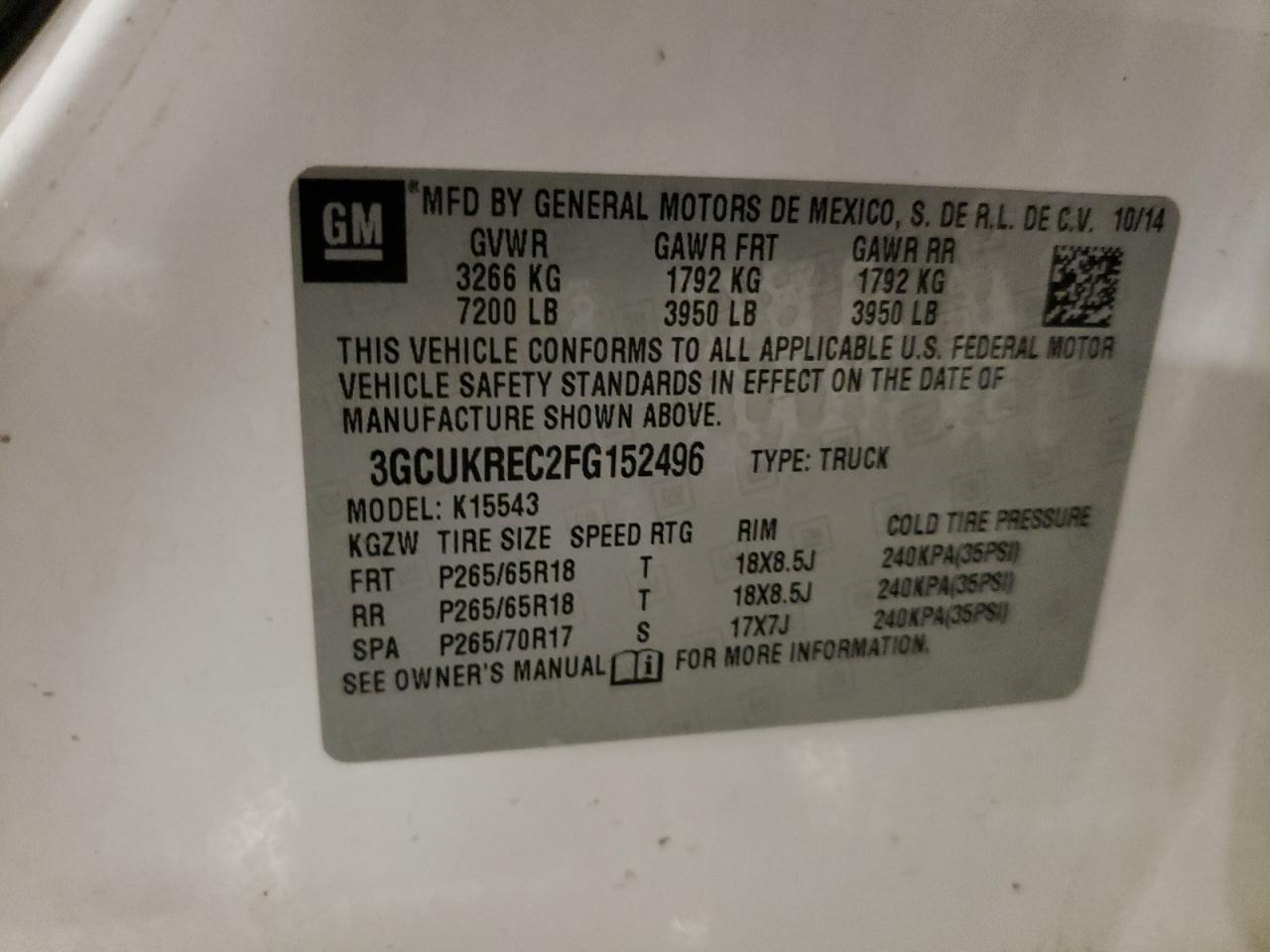 2015 Chevrolet Silverado K1500 Lt VIN: 3GCUKREC2FG152496 Lot: 77146204