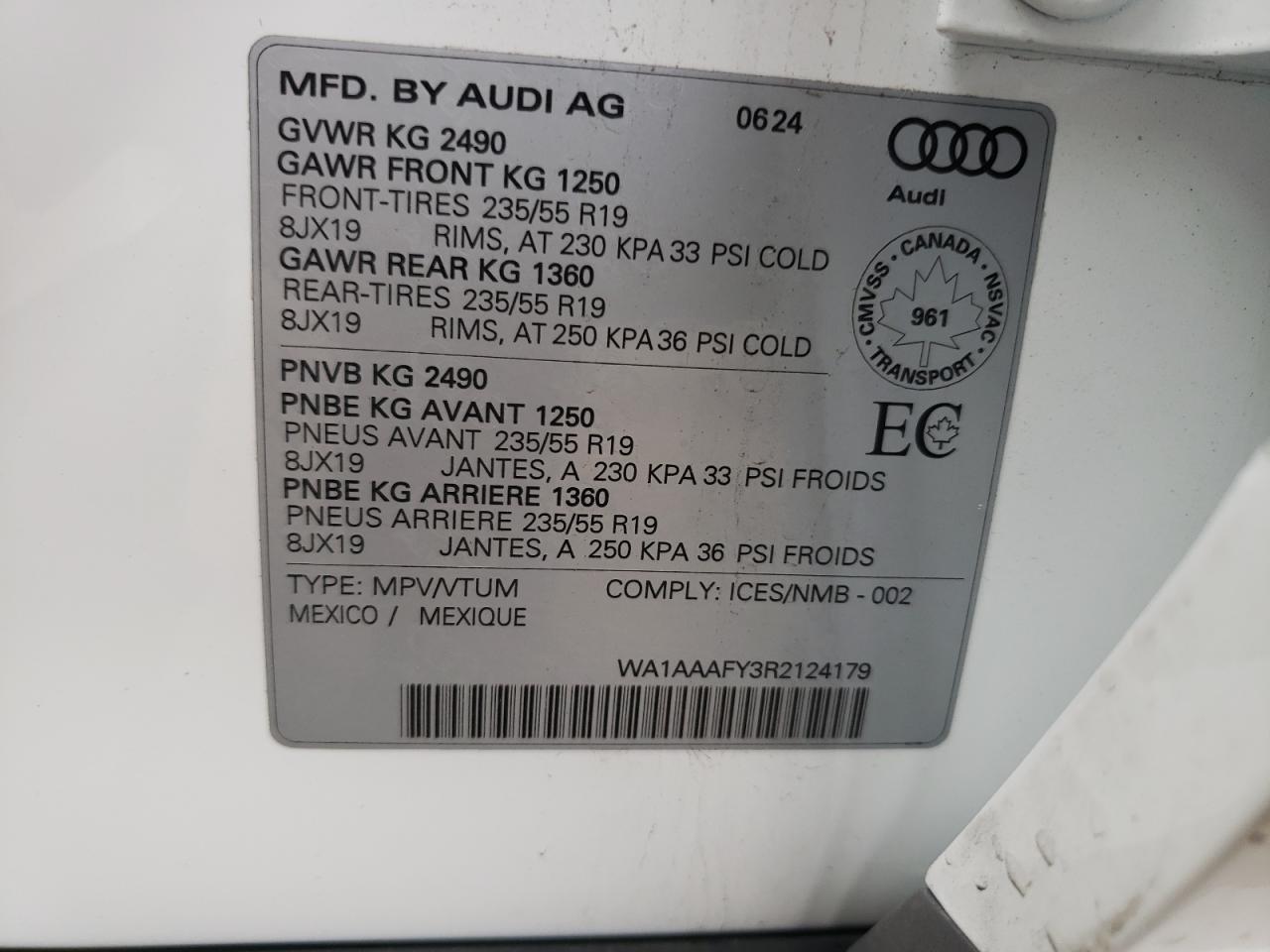 2024 Audi Q5 Komfort 45 VIN: WA1AAAFY3R2124179 Lot: 72621264