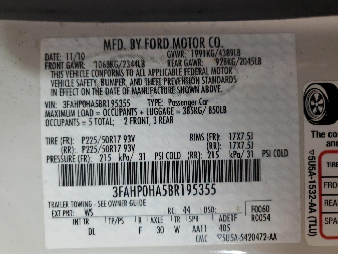 2011 Ford Fusion Se VIN: 3FAHP0HA5BR195355 Lot: 76048224