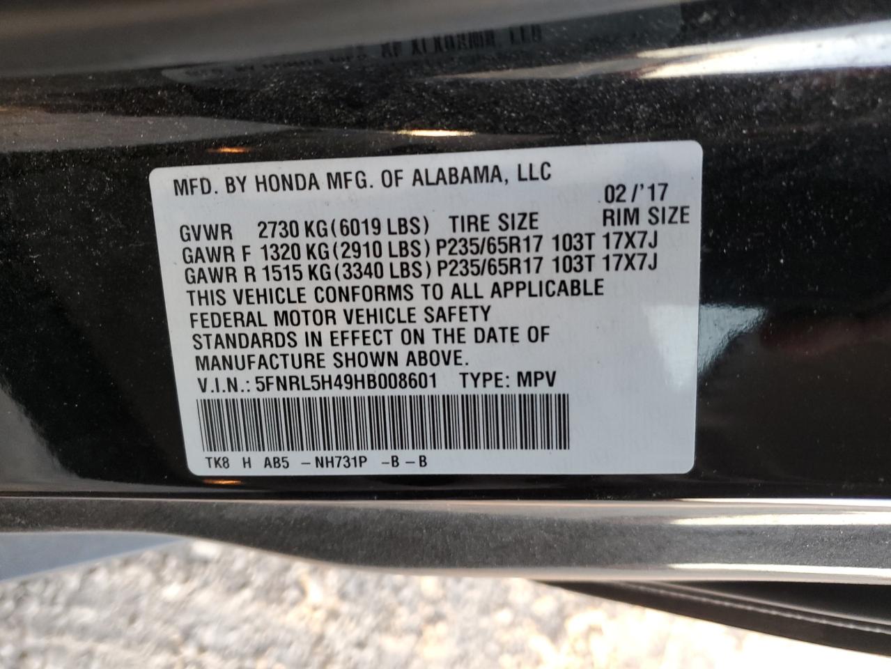 5FNRL5H49HB008601 2017 Honda Odyssey Ex