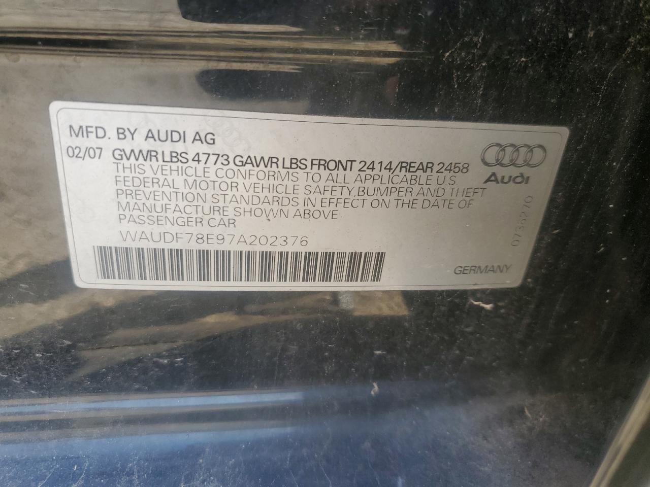 2007 Audi A4 2.0T Quattro VIN: WAUDF78E97A202376 Lot: 74307494