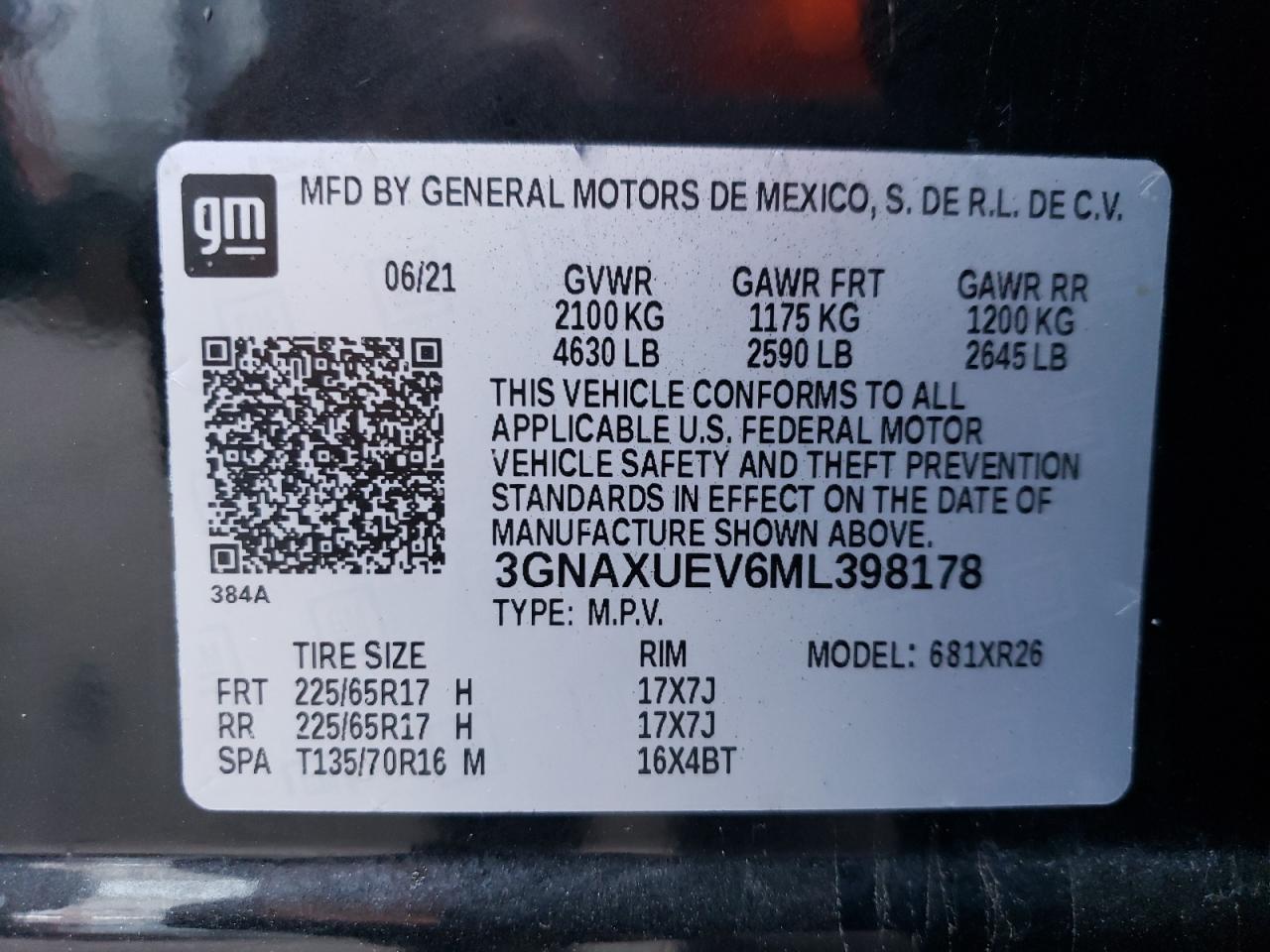 2021 Chevrolet Equinox Lt VIN: 3GNAXUEV6ML398178 Lot: 77490874