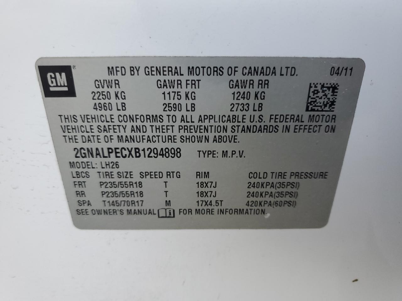 2GNALPECXB1294898 2011 Chevrolet Equinox Lt