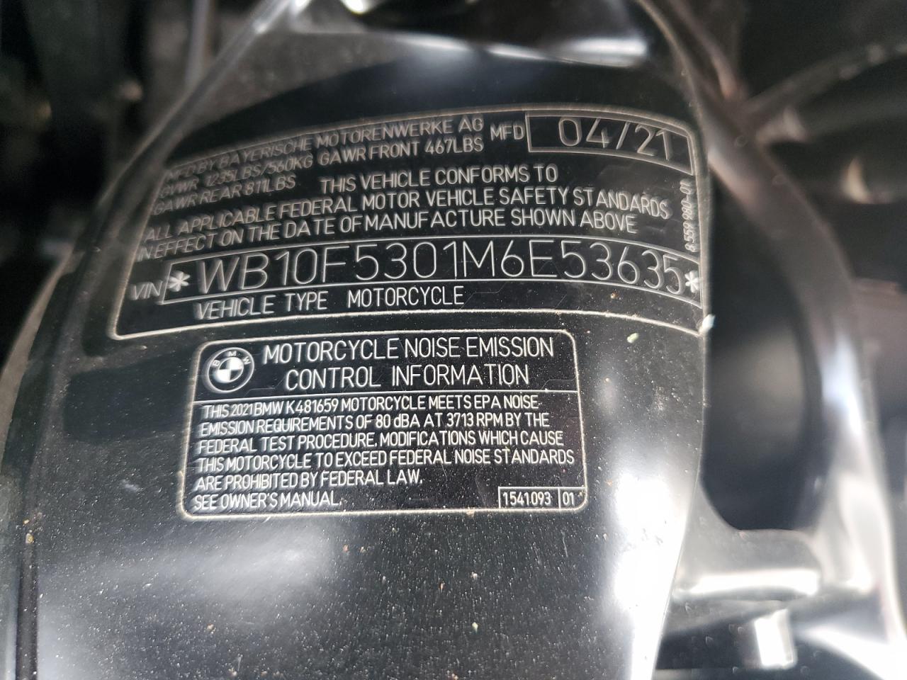 2021 BMW K1600 B VIN: WB10F5301M6E53635 Lot: 78322524