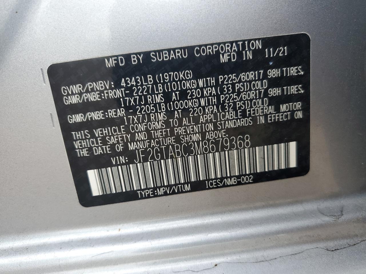 JF2GTABC3M8679368 2021 Subaru Crosstrek