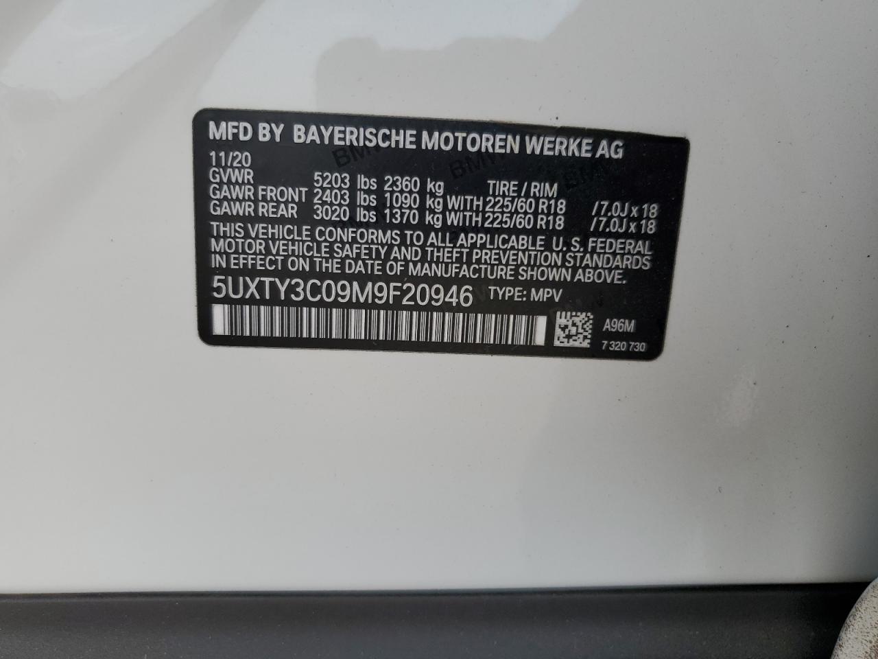 2021 BMW X3 Sdrive30I VIN: 5UXTY3C09M9F20946 Lot: 74601574