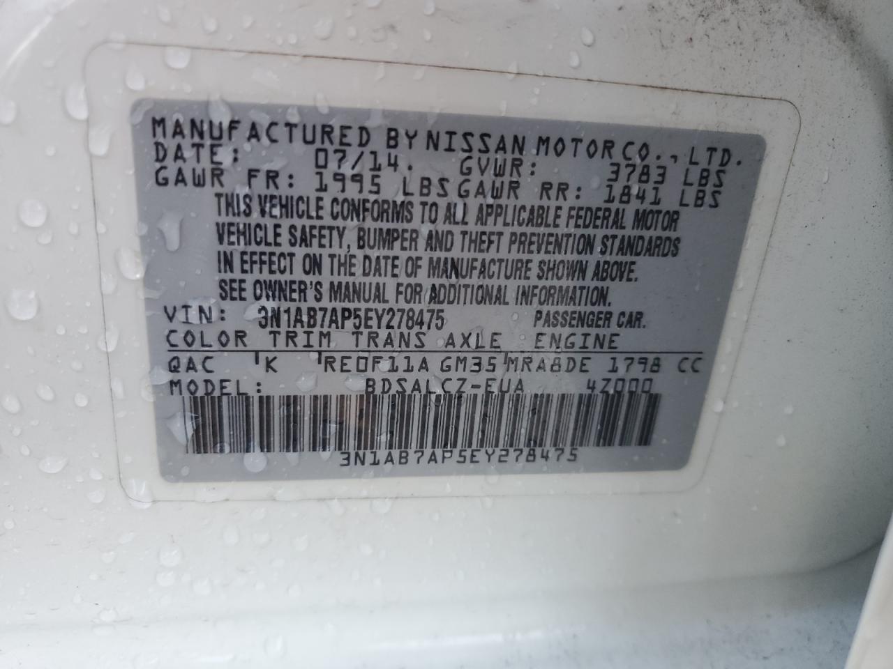 3N1AB7AP5EY278475 2014 Nissan Sentra S