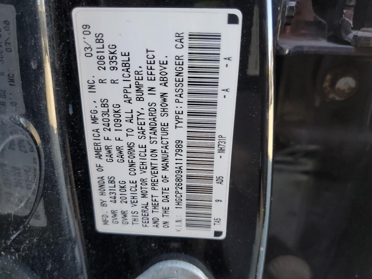 2009 Honda Accord Exl VIN: 1HGCP26809A117989 Lot: 76740794