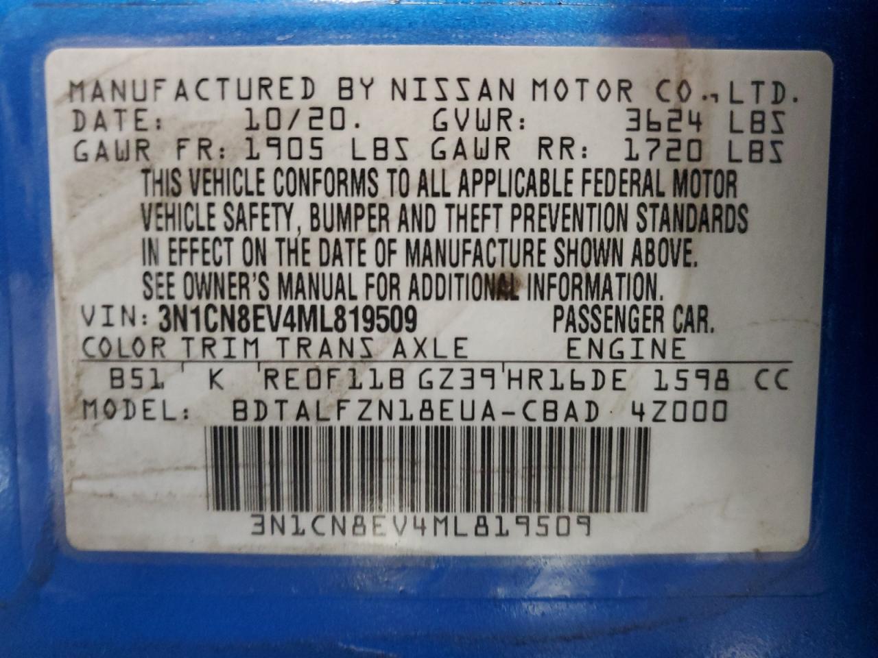 2021 Nissan Versa Sv VIN: 3N1CN8EV4ML819509 Lot: 71214254