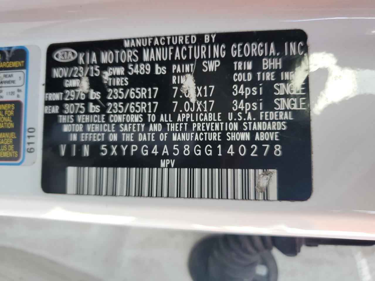 5XYPG4A58GG140278 2016 Kia Sorento Lx