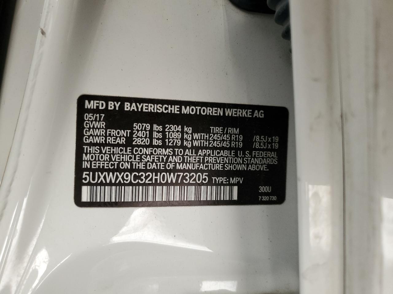 VIN 5UXWX9C32H0W73205 2017 BMW X3 no.13