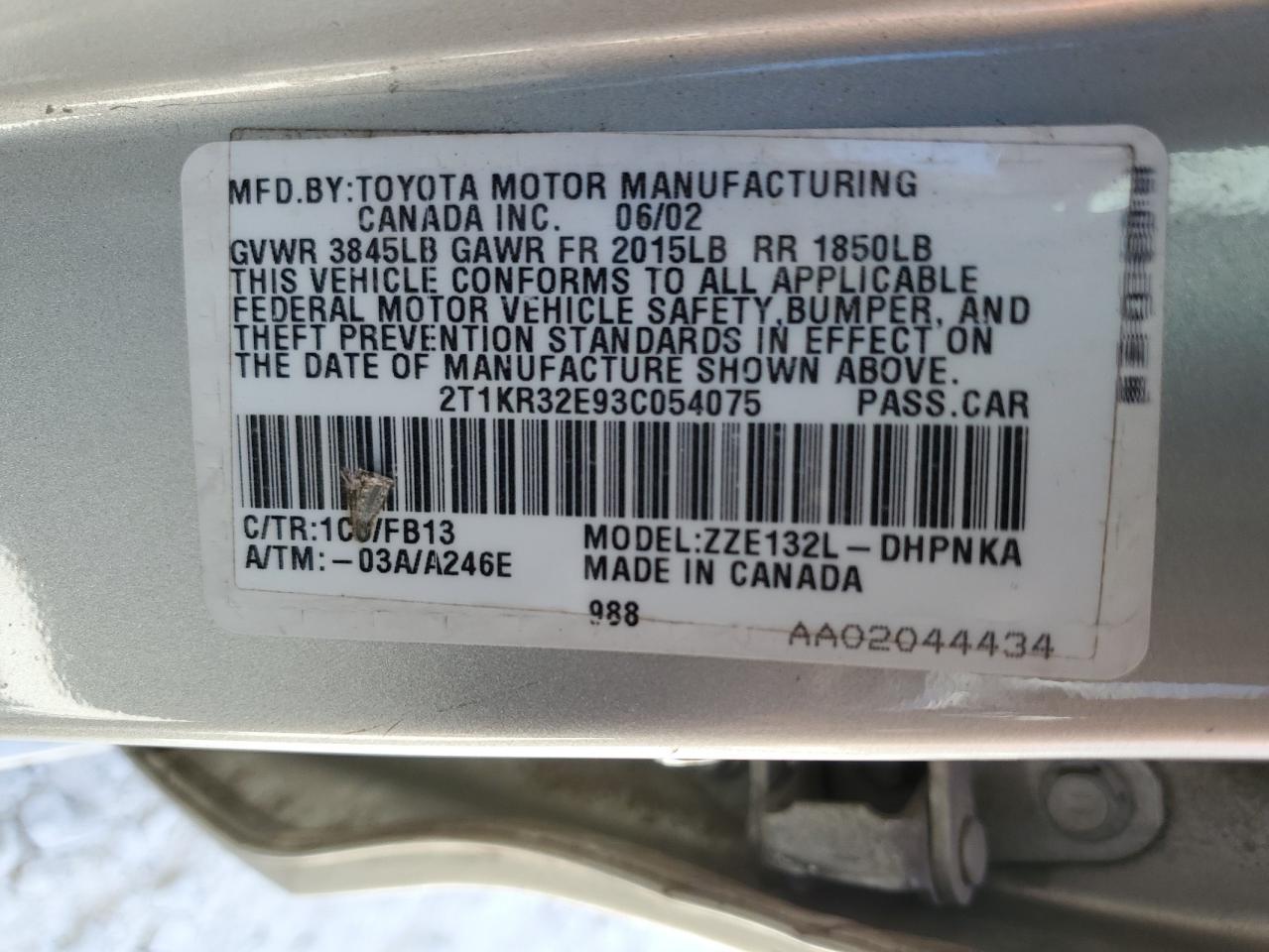 2003 Toyota Corolla Matrix Xr VIN: 2T1KR32E93C054075 Lot: 74533424