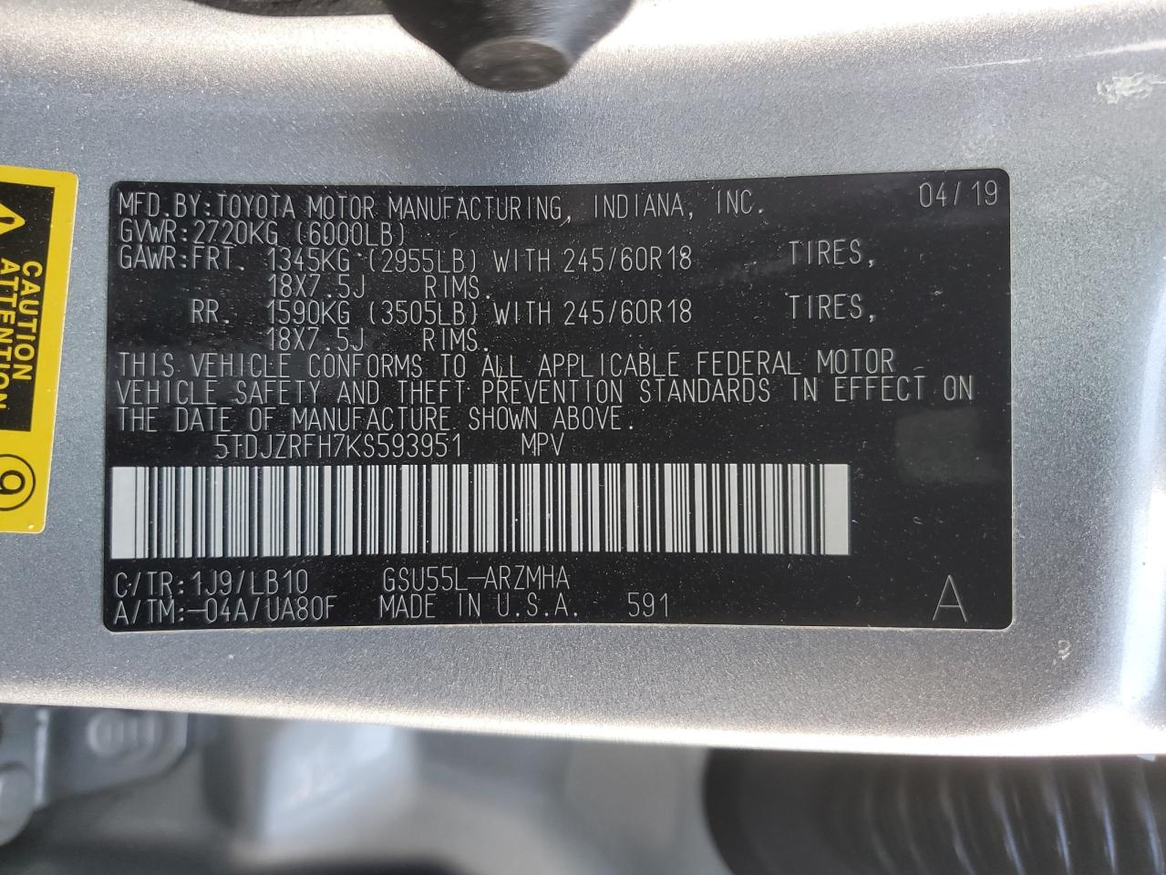 VIN 5TDJZRFH7KS593951 2019 TOYOTA HIGHLANDER no.13