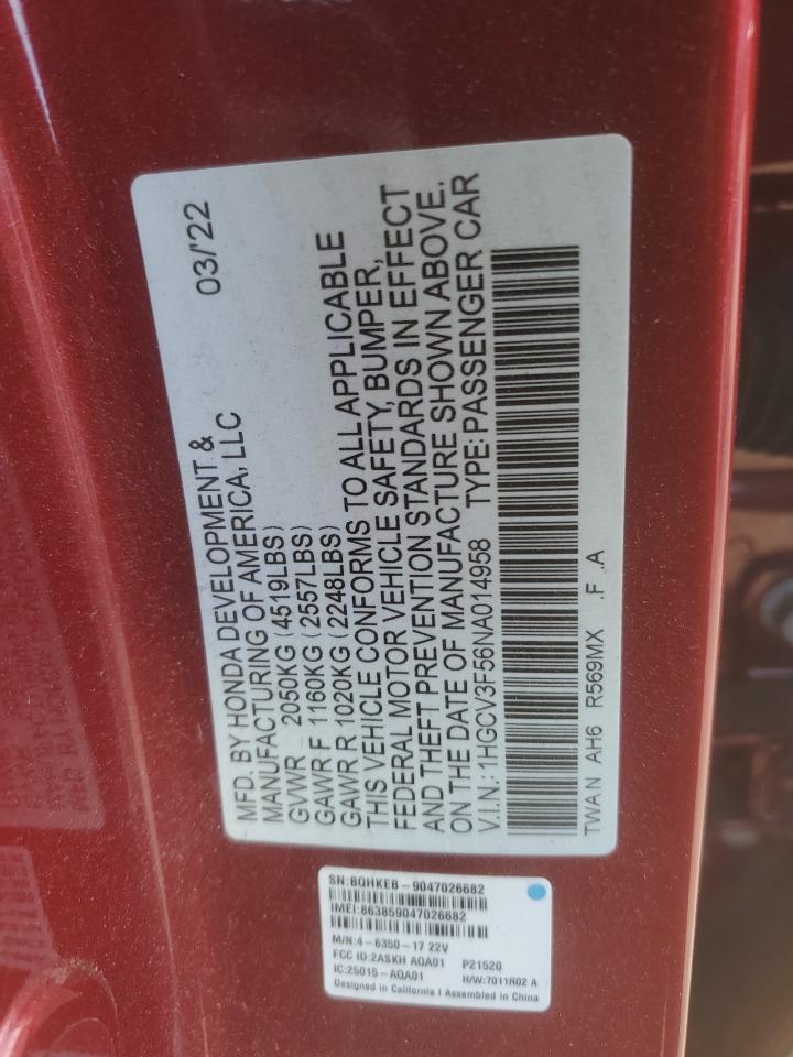 1HGCV3F56NA014958 2022 Honda Accord Hybrid Exl