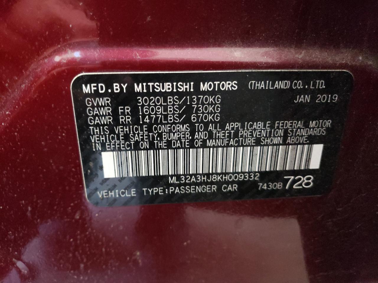 ML32A3HJ8KH009332 2019 Mitsubishi Mirage Es