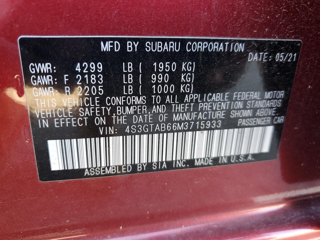 4S3GTAB66M3715933 2021 Subaru Impreza